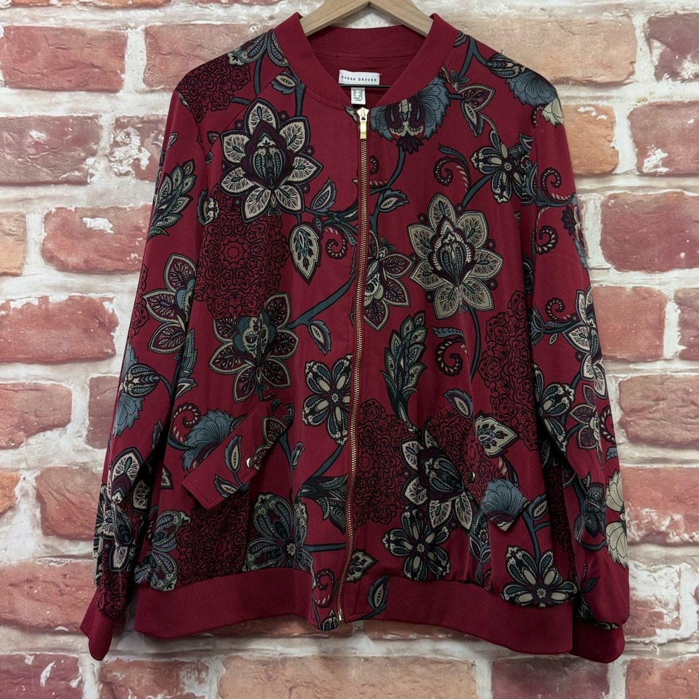 Susan Graver Jacket Women's 1X Dark Red Multicolor Boho Floral Casual Zip Up - Picture 7 of 9